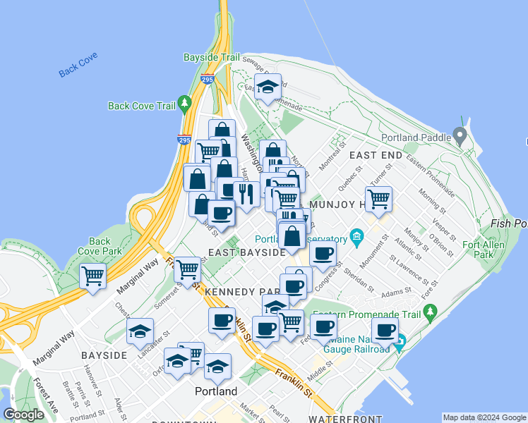 map of restaurants, bars, coffee shops, grocery stores, and more near 5 Everett Street in Portland