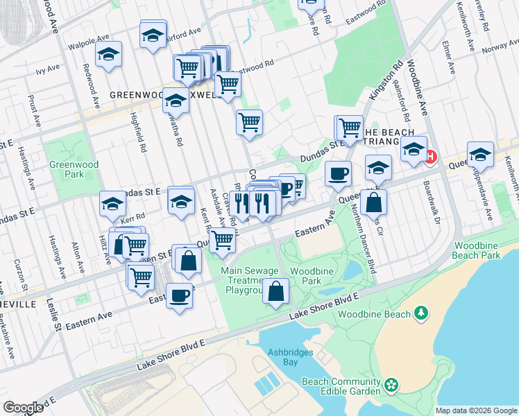 map of restaurants, bars, coffee shops, grocery stores, and more near in Toronto