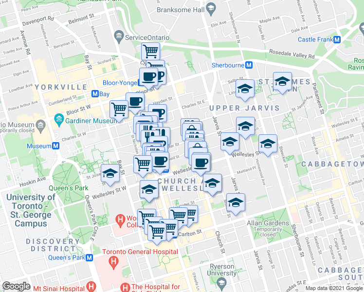 map of restaurants, bars, coffee shops, grocery stores, and more near in Toronto