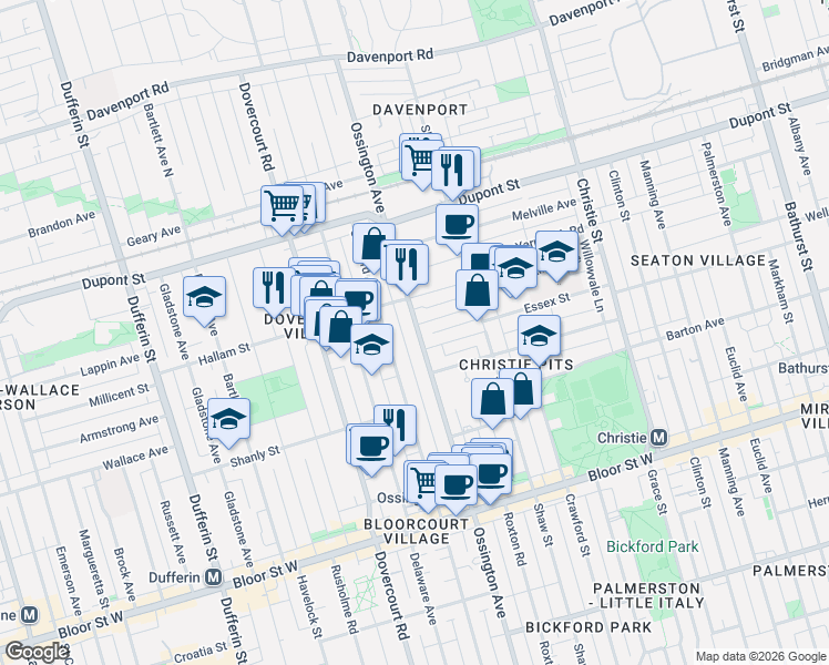 map of restaurants, bars, coffee shops, grocery stores, and more near 936 Ossington Avenue in Toronto