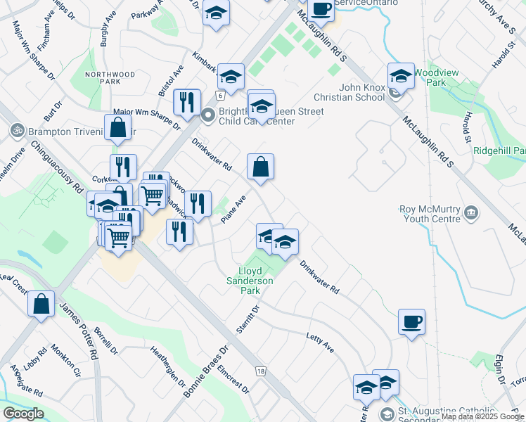 map of restaurants, bars, coffee shops, grocery stores, and more near 61 Caruso Drive in Brampton