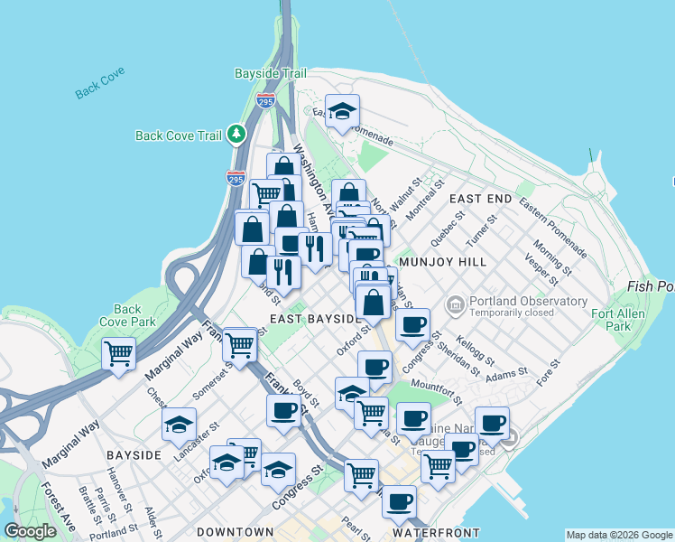 map of restaurants, bars, coffee shops, grocery stores, and more near 5 Everett Street in Portland