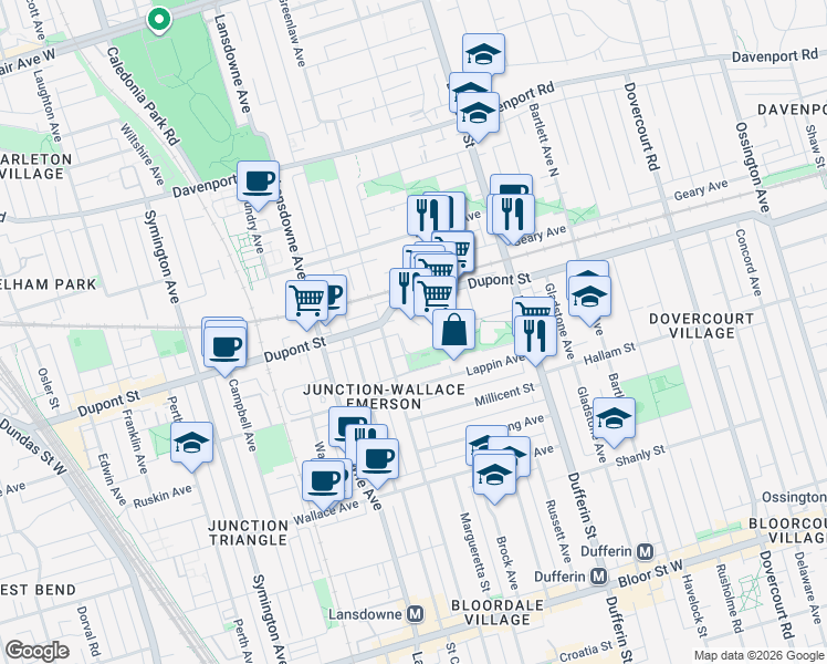 map of restaurants, bars, coffee shops, grocery stores, and more near 217 Parthenon St in Toronto