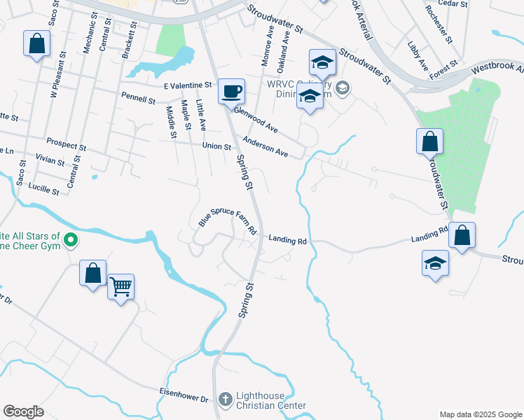 map of restaurants, bars, coffee shops, grocery stores, and more near 276 Spring Street in Westbrook