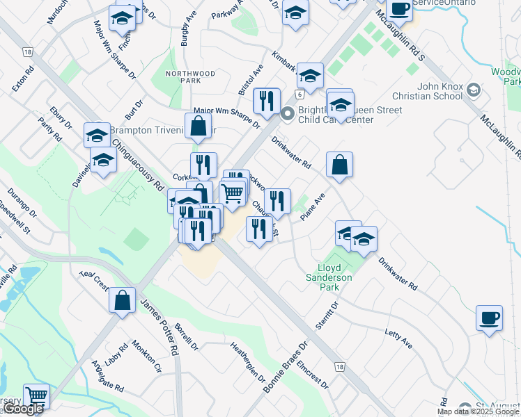 map of restaurants, bars, coffee shops, grocery stores, and more near Chadwick Street in Brampton