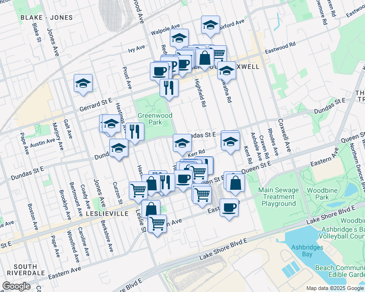 map of restaurants, bars, coffee shops, grocery stores, and more near 89 Greenwood Avenue in Toronto