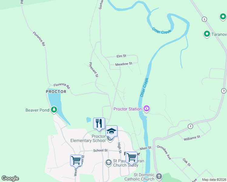 map of restaurants, bars, coffee shops, grocery stores, and more near 99 North Street in Proctor