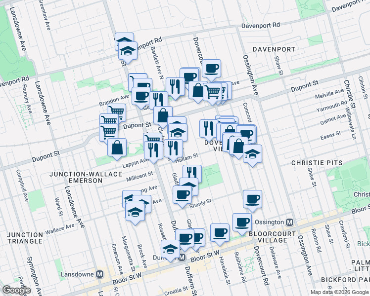 map of restaurants, bars, coffee shops, grocery stores, and more near 235 Bartlett Avenue in Toronto