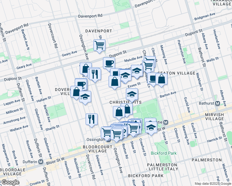 map of restaurants, bars, coffee shops, grocery stores, and more near Essex Street in Toronto