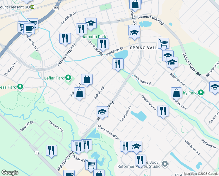 map of restaurants, bars, coffee shops, grocery stores, and more near Orange Blossom Drive in Brampton