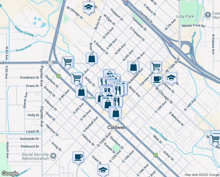 map of restaurants, bars, coffee shops, grocery stores, and more near 616 Main Street in Caldwell