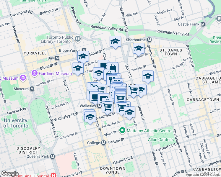 map of restaurants, bars, coffee shops, grocery stores, and more near 65 Gloucester Street in Toronto