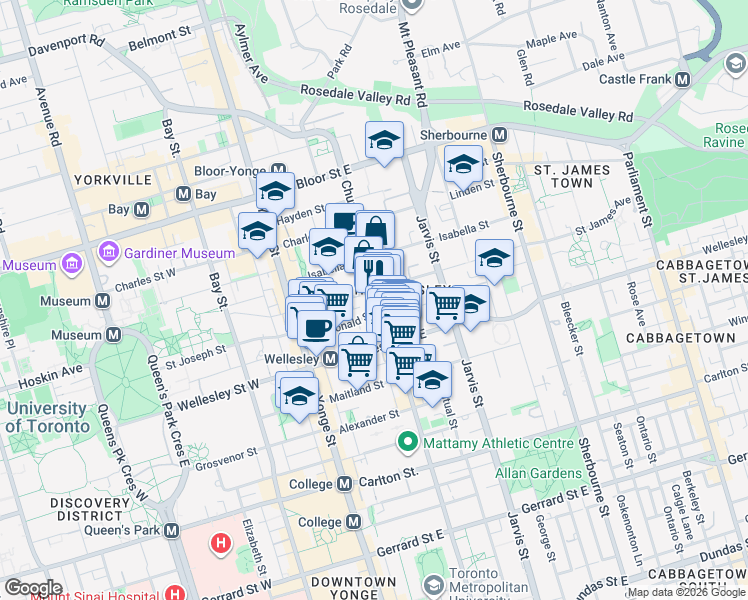 map of restaurants, bars, coffee shops, grocery stores, and more near 592 Church Street in Toronto