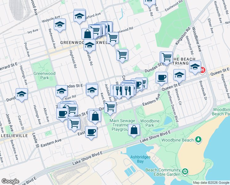 map of restaurants, bars, coffee shops, grocery stores, and more near in Toronto