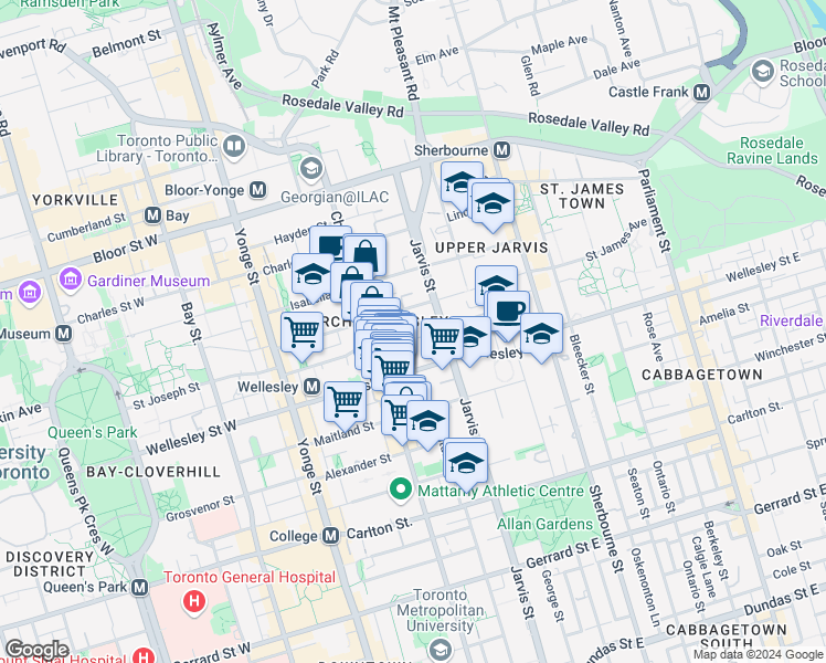 map of restaurants, bars, coffee shops, grocery stores, and more near 10 Cawthra Square in Toronto