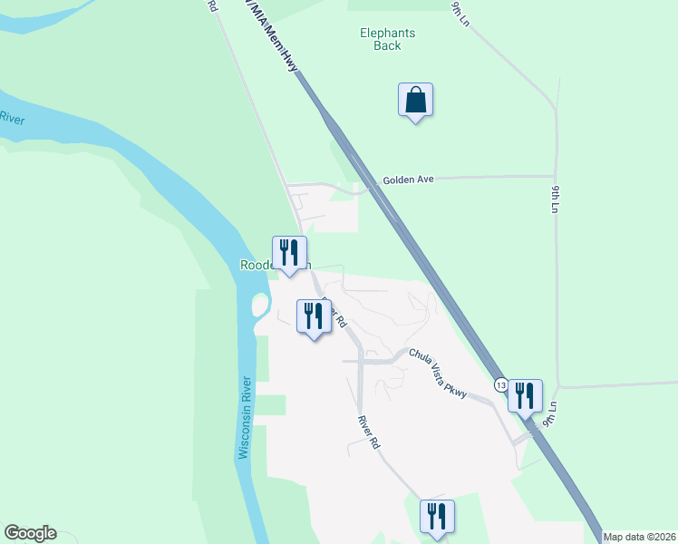 map of restaurants, bars, coffee shops, grocery stores, and more near 2501 River Road in Wisconsin Dells