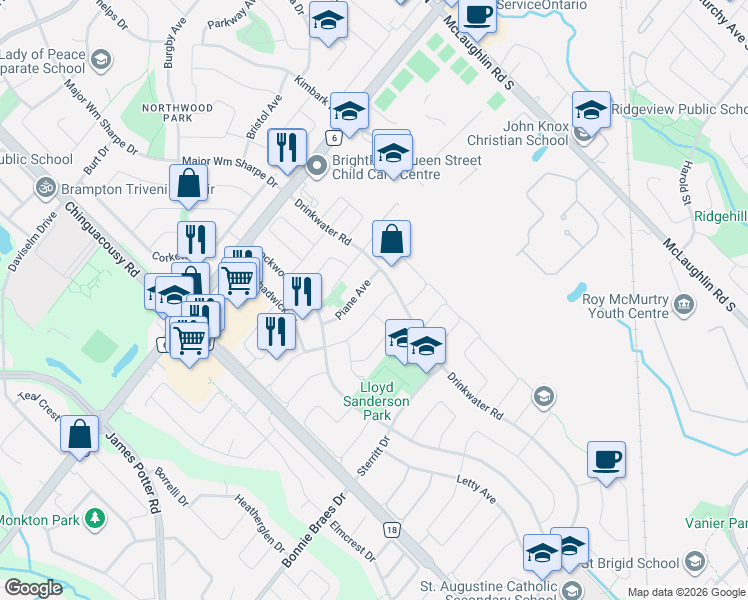 map of restaurants, bars, coffee shops, grocery stores, and more near 66 Herkes Drive in Brampton