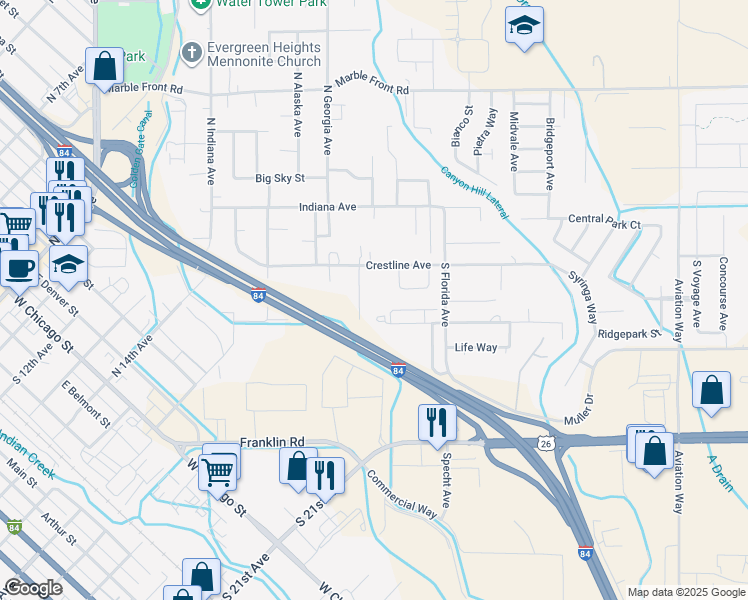 map of restaurants, bars, coffee shops, grocery stores, and more near 403 Hill Lane in Caldwell