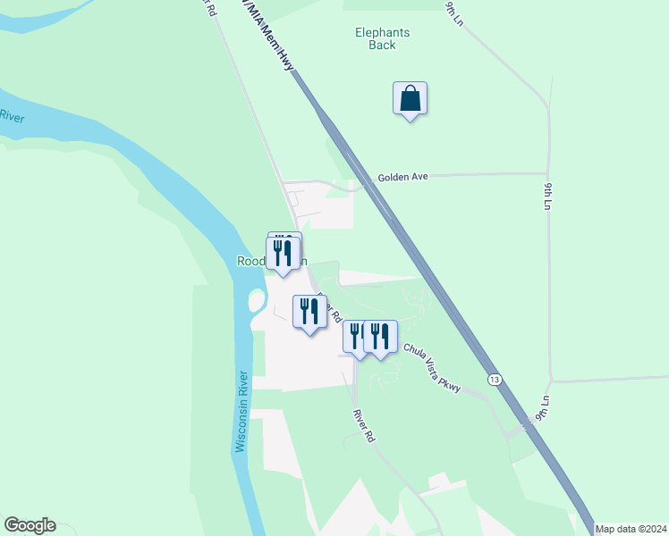 map of restaurants, bars, coffee shops, grocery stores, and more near 2501 River Road in Wisconsin Dells