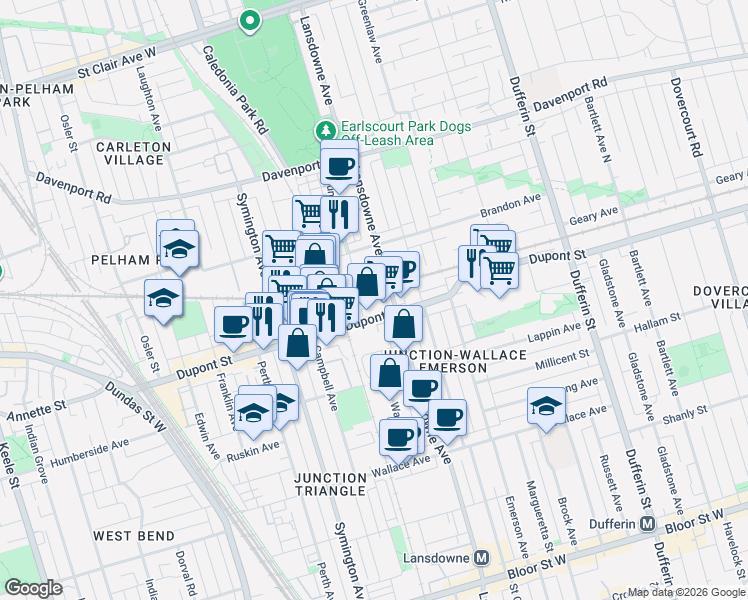 map of restaurants, bars, coffee shops, grocery stores, and more near 1410 Dupont Street in Toronto