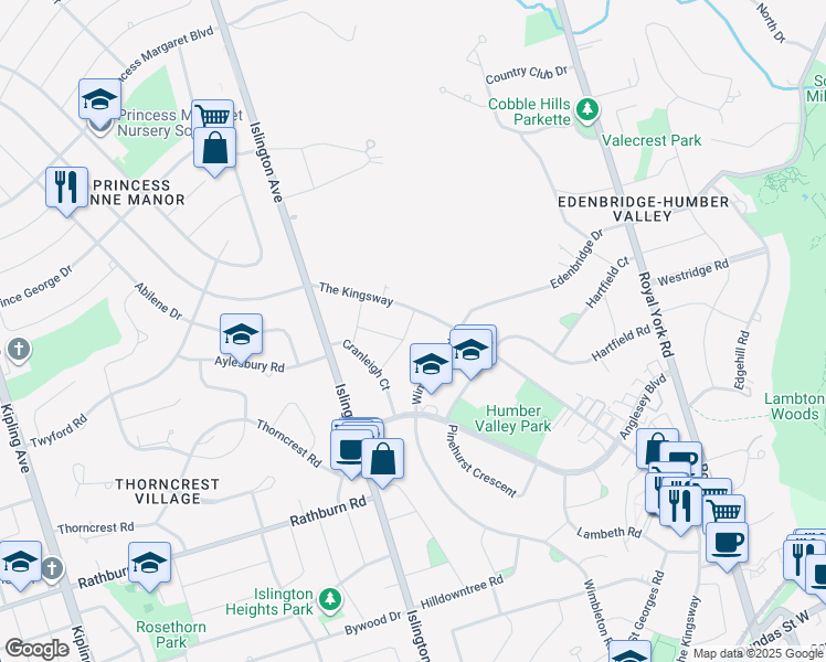 map of restaurants, bars, coffee shops, grocery stores, and more near 3 Elstree Road in Toronto