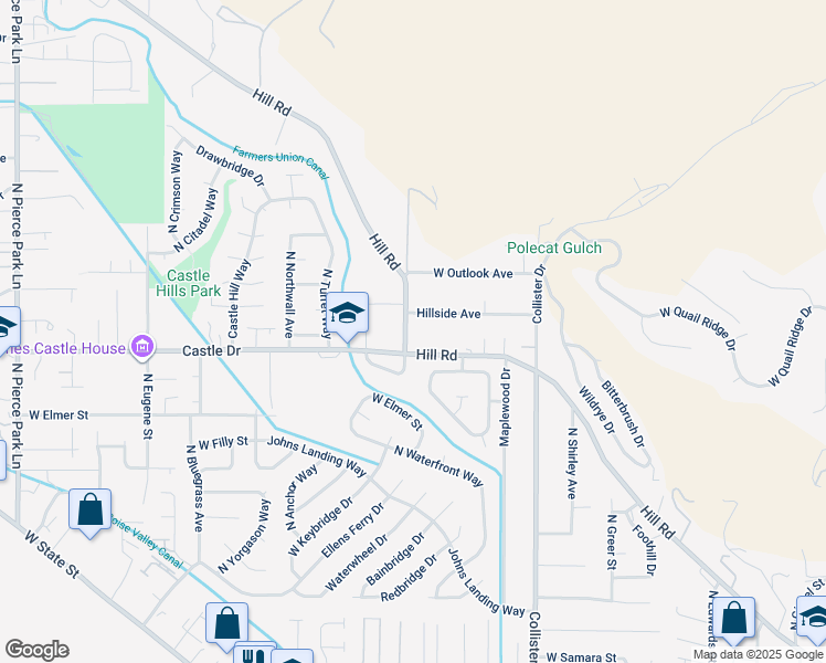 map of restaurants, bars, coffee shops, grocery stores, and more near 5120 West Hill Road in Boise