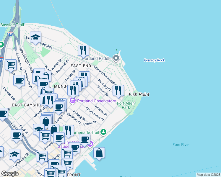 map of restaurants, bars, coffee shops, grocery stores, and more near 50 Vesper Street in Portland