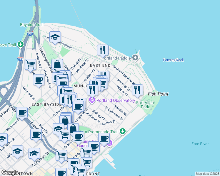map of restaurants, bars, coffee shops, grocery stores, and more near 49 Moody Street in Portland