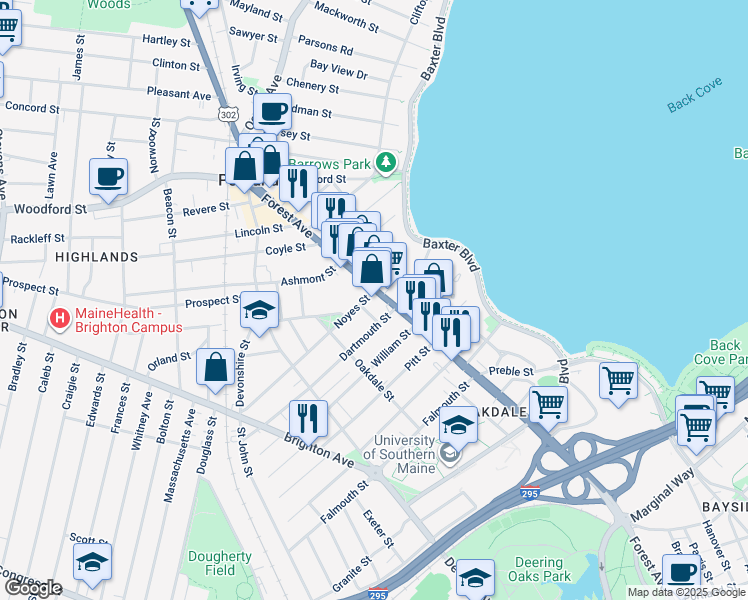 map of restaurants, bars, coffee shops, grocery stores, and more near 10 Freeman Street in Portland