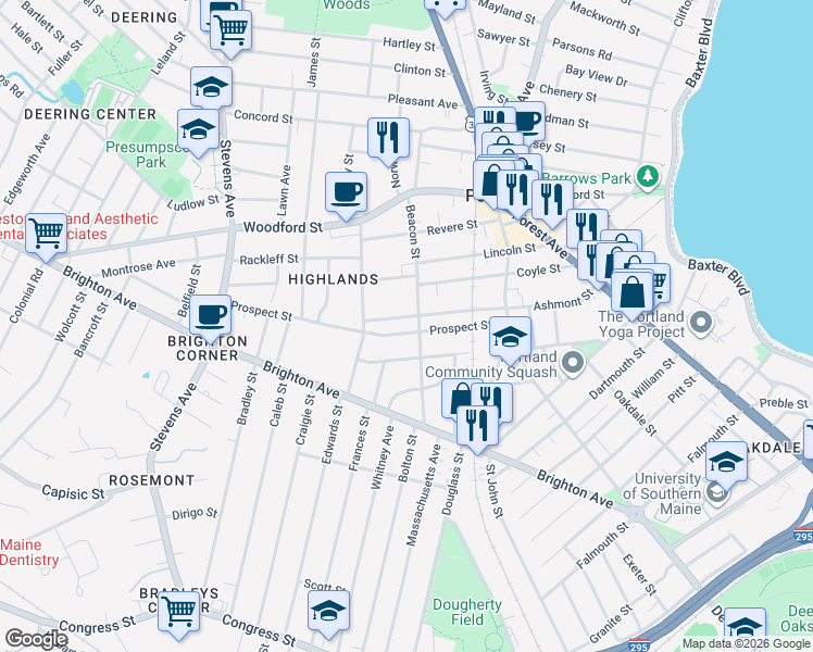 map of restaurants, bars, coffee shops, grocery stores, and more near 94 Prospect Street in Portland