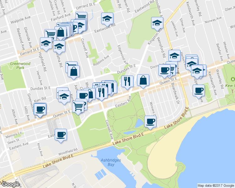 map of restaurants, bars, coffee shops, grocery stores, and more near 1671 Queen Street East in Toronto