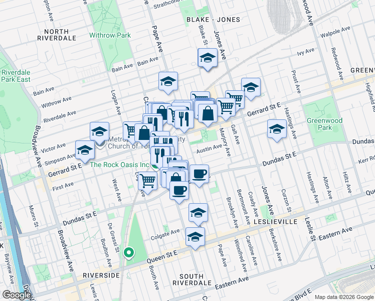 map of restaurants, bars, coffee shops, grocery stores, and more near in Toronto