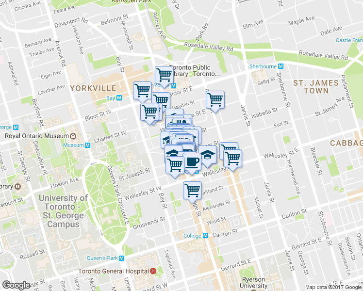 map of restaurants, bars, coffee shops, grocery stores, and more near in Toronto
