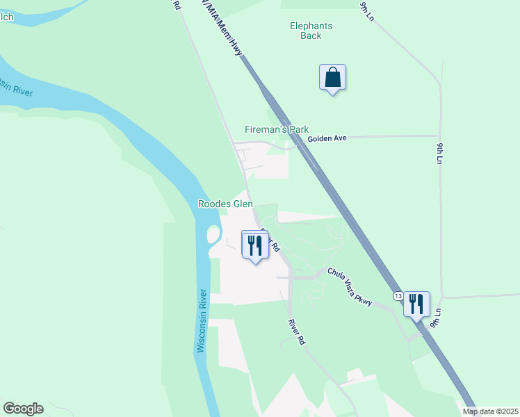 map of restaurants, bars, coffee shops, grocery stores, and more near 2501 River Road in Wisconsin Dells