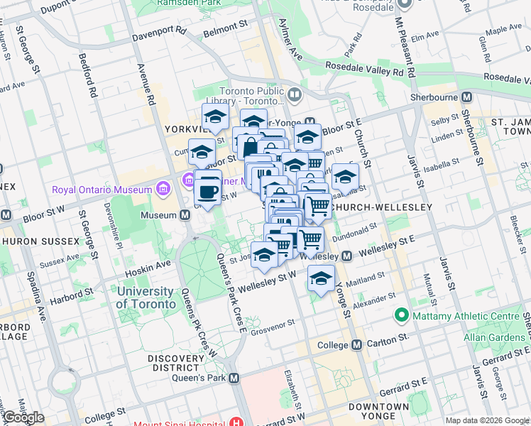 map of restaurants, bars, coffee shops, grocery stores, and more near 1080 Bay Street in Toronto