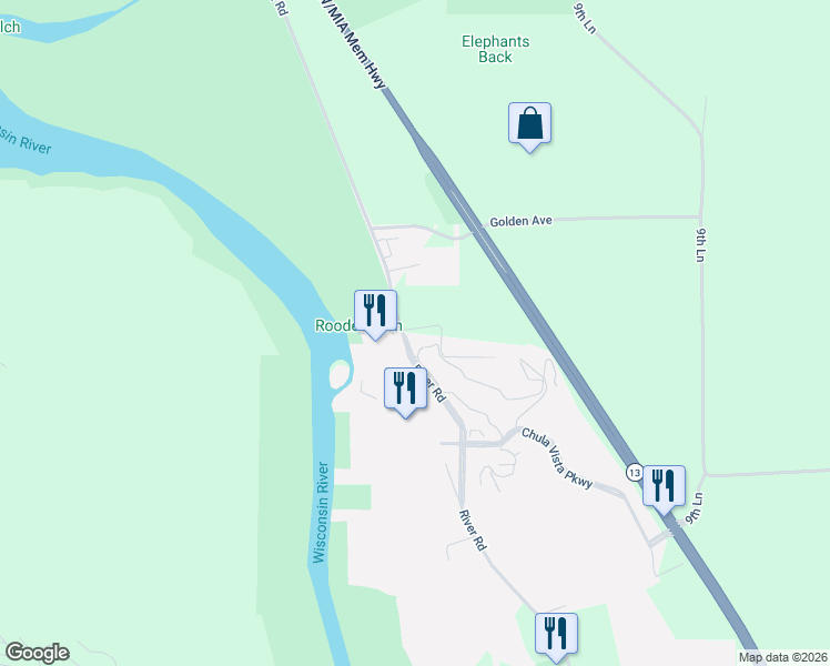 map of restaurants, bars, coffee shops, grocery stores, and more near 4022 River Road in Wisconsin Dells