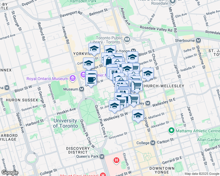map of restaurants, bars, coffee shops, grocery stores, and more near 65 Saint Mary Street in Toronto