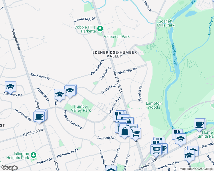 map of restaurants, bars, coffee shops, grocery stores, and more near 8 Southway Road in Toronto