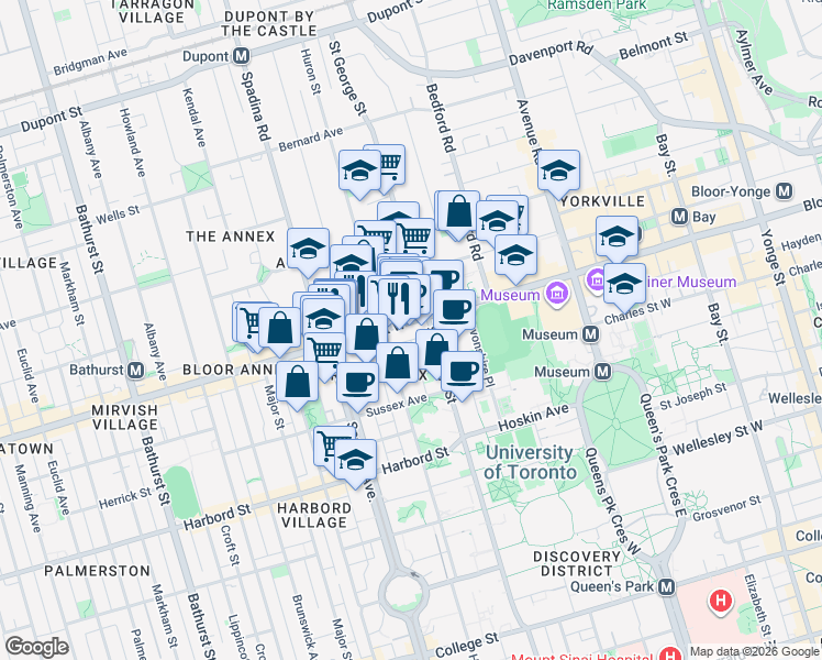 map of restaurants, bars, coffee shops, grocery stores, and more near 333 Bloor Street West in Toronto
