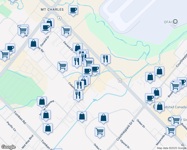 map of restaurants, bars, coffee shops, grocery stores, and more near 1365 Midway Blvd #24 in Mississauga