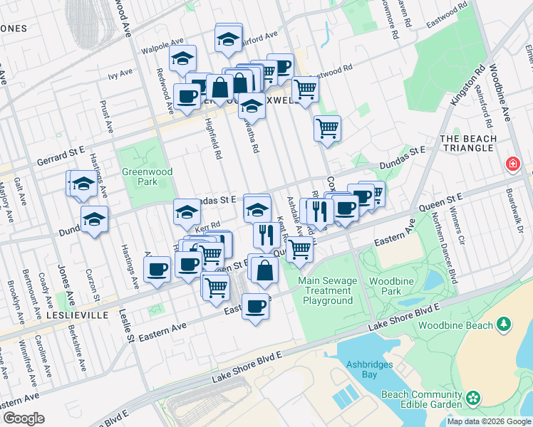 map of restaurants, bars, coffee shops, grocery stores, and more near in Toronto