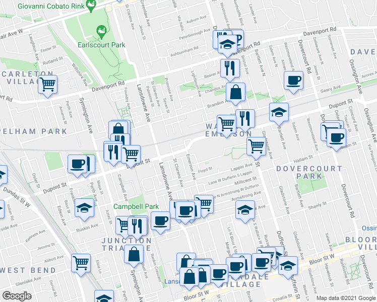 map of restaurants, bars, coffee shops, grocery stores, and more near 1311 Dupont Street in Toronto