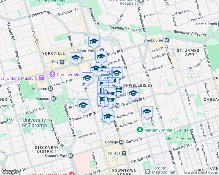 map of restaurants, bars, coffee shops, grocery stores, and more near 18 Gloucester Lane in Toronto