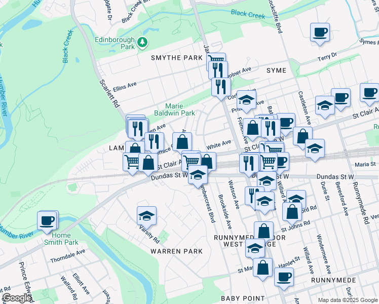 map of restaurants, bars, coffee shops, grocery stores, and more near 2226 Dundas Street West in Toronto