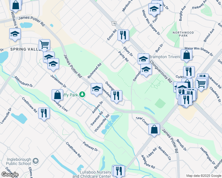 map of restaurants, bars, coffee shops, grocery stores, and more near 38 Durango Drive in Brampton
