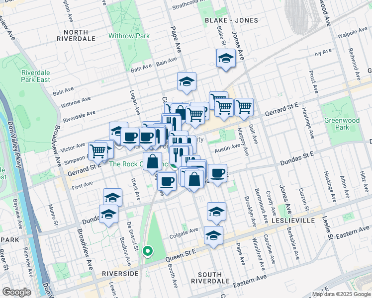 map of restaurants, bars, coffee shops, grocery stores, and more near 883 Gerrard Street East in Toronto