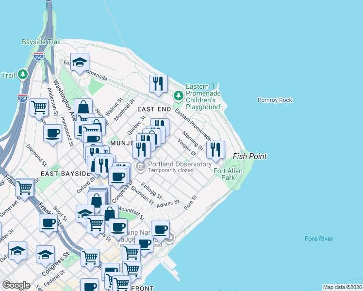 map of restaurants, bars, coffee shops, grocery stores, and more near 49 Moody Street in Portland