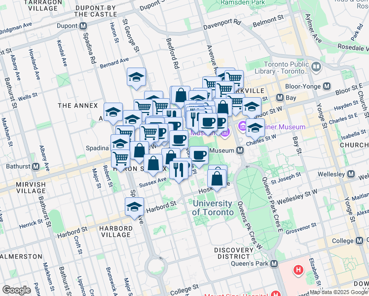 map of restaurants, bars, coffee shops, grocery stores, and more near 110 Devonshire Place in Toronto