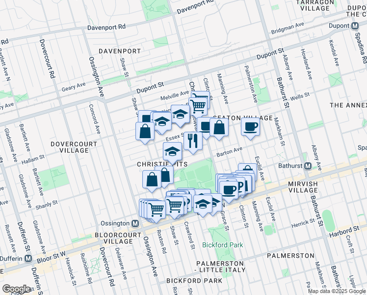 map of restaurants, bars, coffee shops, grocery stores, and more near 46 Pendrith Street in Toronto