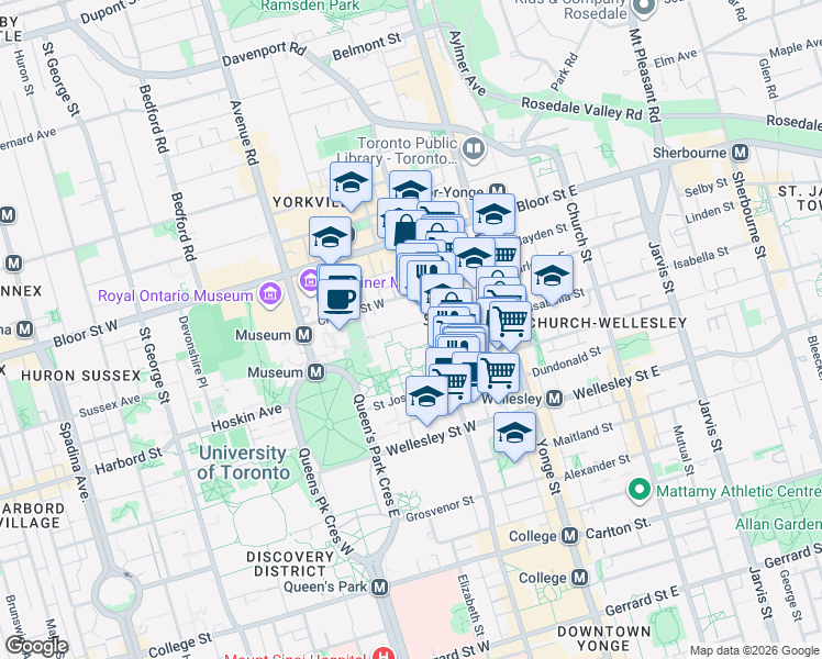 map of restaurants, bars, coffee shops, grocery stores, and more near 65 Saint Mary Street in Toronto